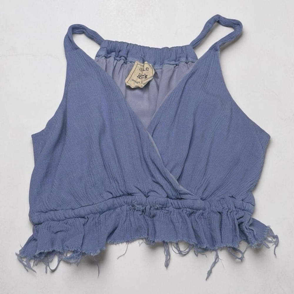 Style Rack Blue Surplice Ruffle Frayed Hem Crop Top Size Small